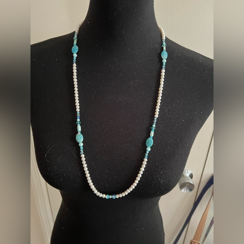 🌸🌸Pearl, Larimar & Swarovski 30” Necklace 🌸🌸